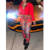 LW Casual Hooded Collar Print Red Two Piece Pants 