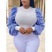 Lovely Stylish O Neck Patchwork Blue Blouse