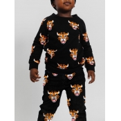 Lovely Casual O Neck Print Black Boy Two-piece Pan