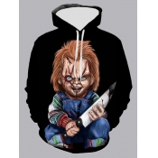 LW Men Street Hooded Collar Cartoon Print Black Ho