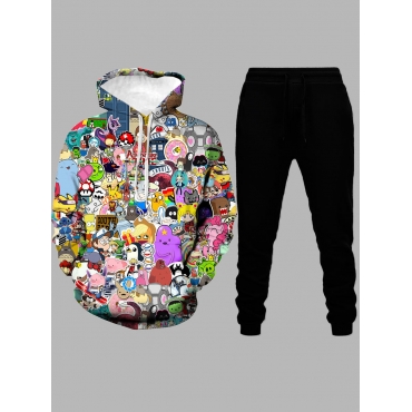 

Lovely Men Hooded Collar Cartoon Print Multicolor Oversized Pants Set, Multi