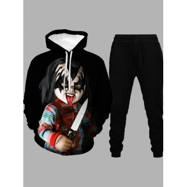 

LW Men Hooded Collar Print Pants Set, Black