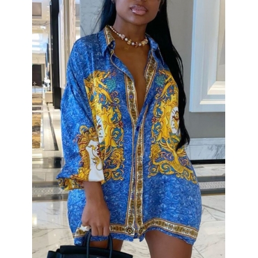 

LW Plus Size Button Design Mixed Printing Shirt Dress, Blue