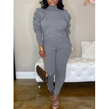 

LW Stylish Turtleneck Fold Design Light Grey Two Piece Pants Set