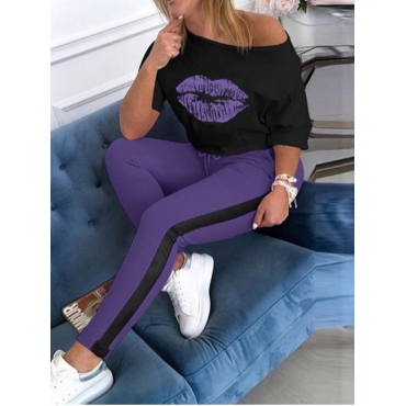 

LW Casual Lip Print Patchwork Purple Two Piece Pants Set