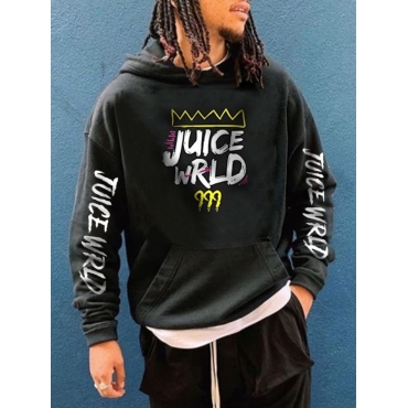 

LW Men Casual Hooded Collar Letter Print Black Hoodie