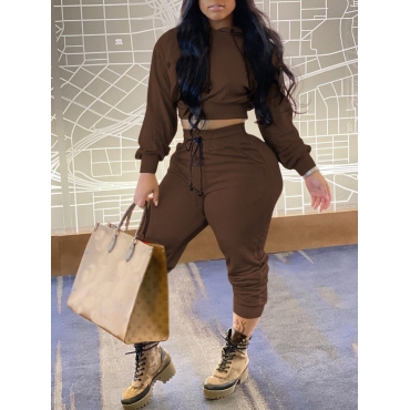 

LW Leisure Hooded Collar Lace-up Coffee Two Piece Pants Set