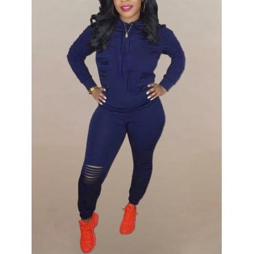 

LW Hooded Collar Zipper Design Cut Out Tracksuit Pants, Deep blue