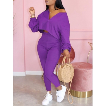 

LW V Neck Zipper Design Basic Pants Set, Purple