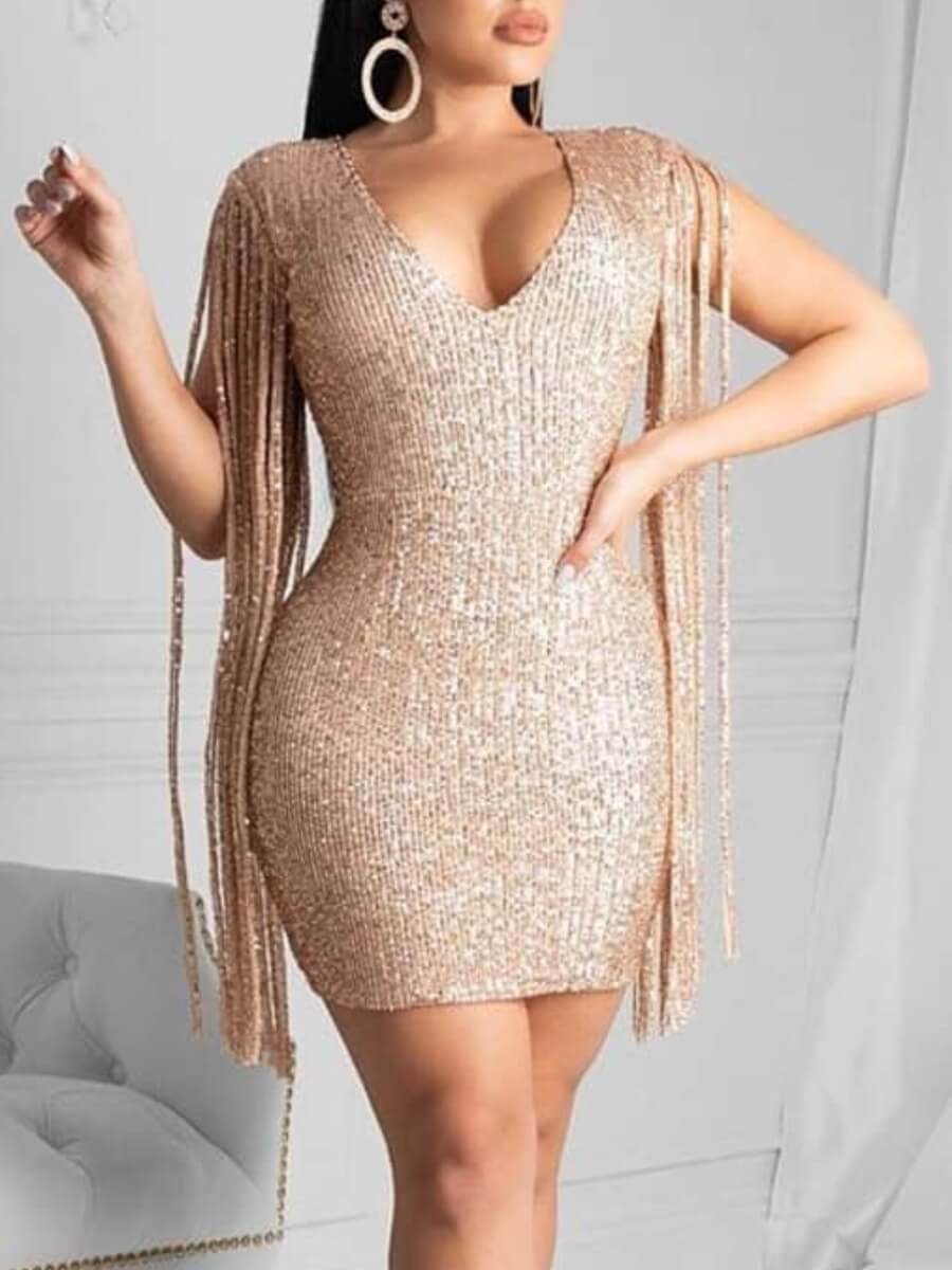 

Lovely Sexy V Neck Tassel Design Gold Knee Length Dress