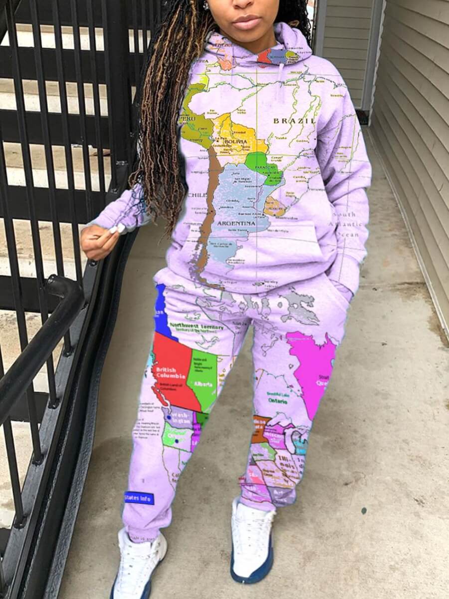 

Lovely Street Hooded Collar Map Print Purple Two Piece Pants Set