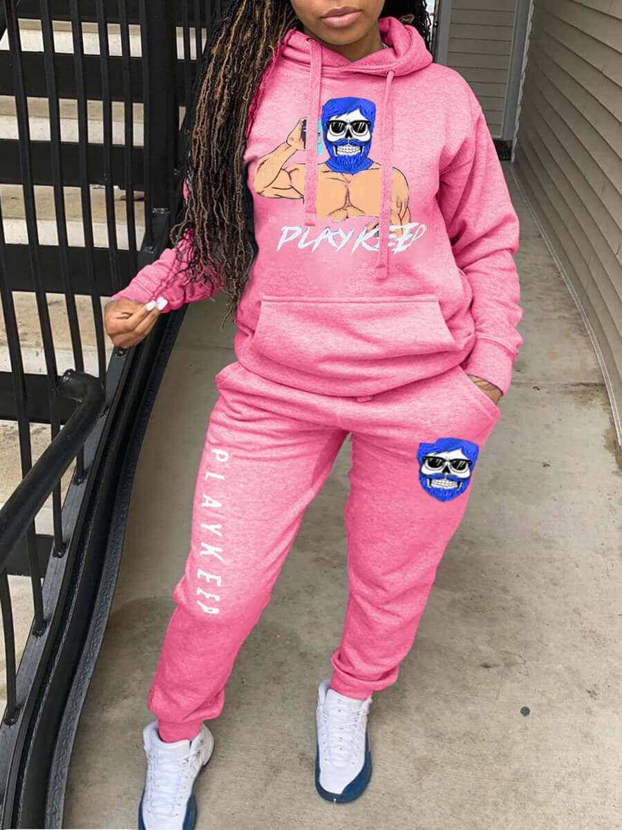 

Lovely Casual Hooded Collar Print Pink Two Piece Pants Set