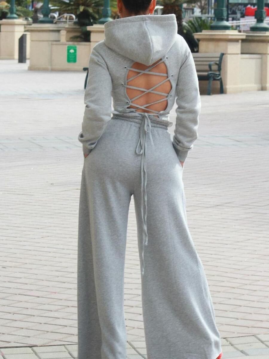 

Lovely Casual Hooded Collar Hollow-out Grey Two Piece Pants Set