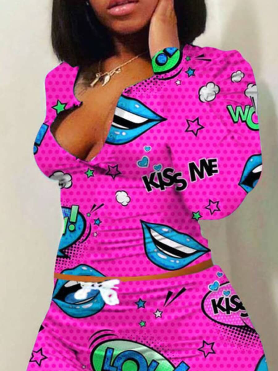 

Lovely Stylish Lip Print Rose Red Sleepwear