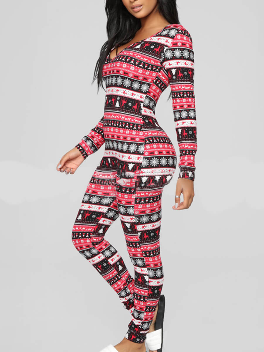 

Lovely Chic V Neck Print Red Sleepwear