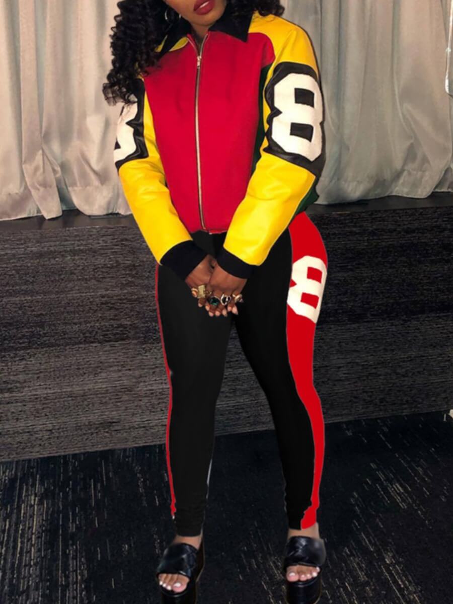 

Lovely Sportswear Turndown Collar Patchwork Red Two Piece Pants Set