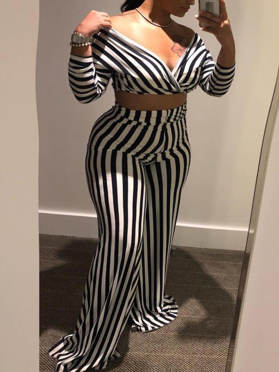 

Lovely Casual V Neck Striped Black Two Piece Pants Set