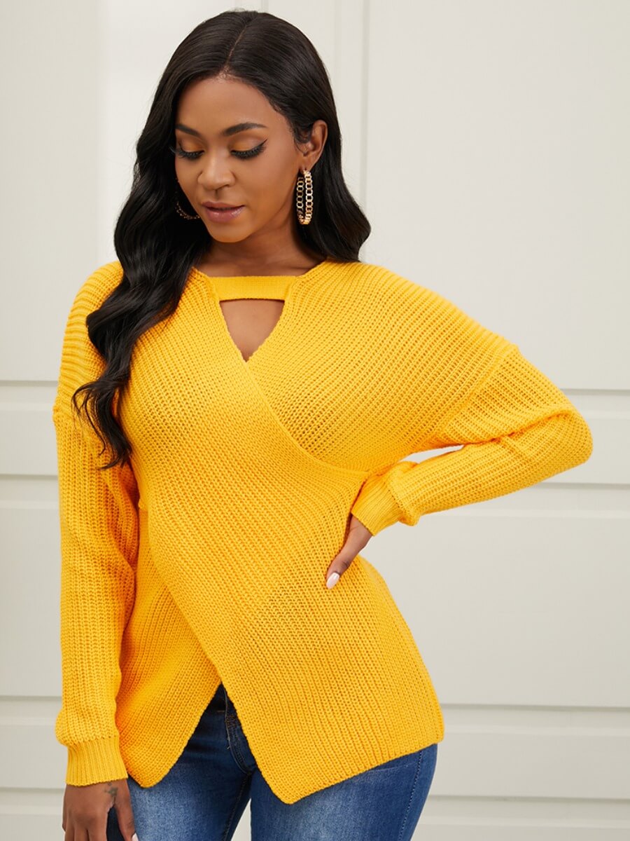

Lovely Trendy V Neck Hollow-out Lemon Yellow Sweater
