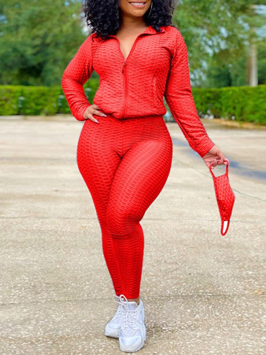 

Lovely Sportswear Turndown Collar Zipper Design Red Two Piece Pants Set(Without Mask