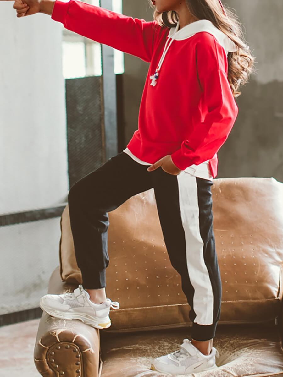 

Lovely Sportswear Hooded Collar Patchwork Red Girl Two-piece Pants Set