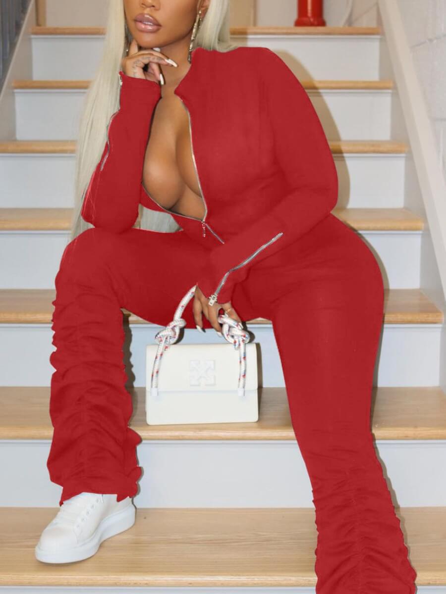 

Lovely Trendy Fold Zipper Design Red One-piece Jumpsuit