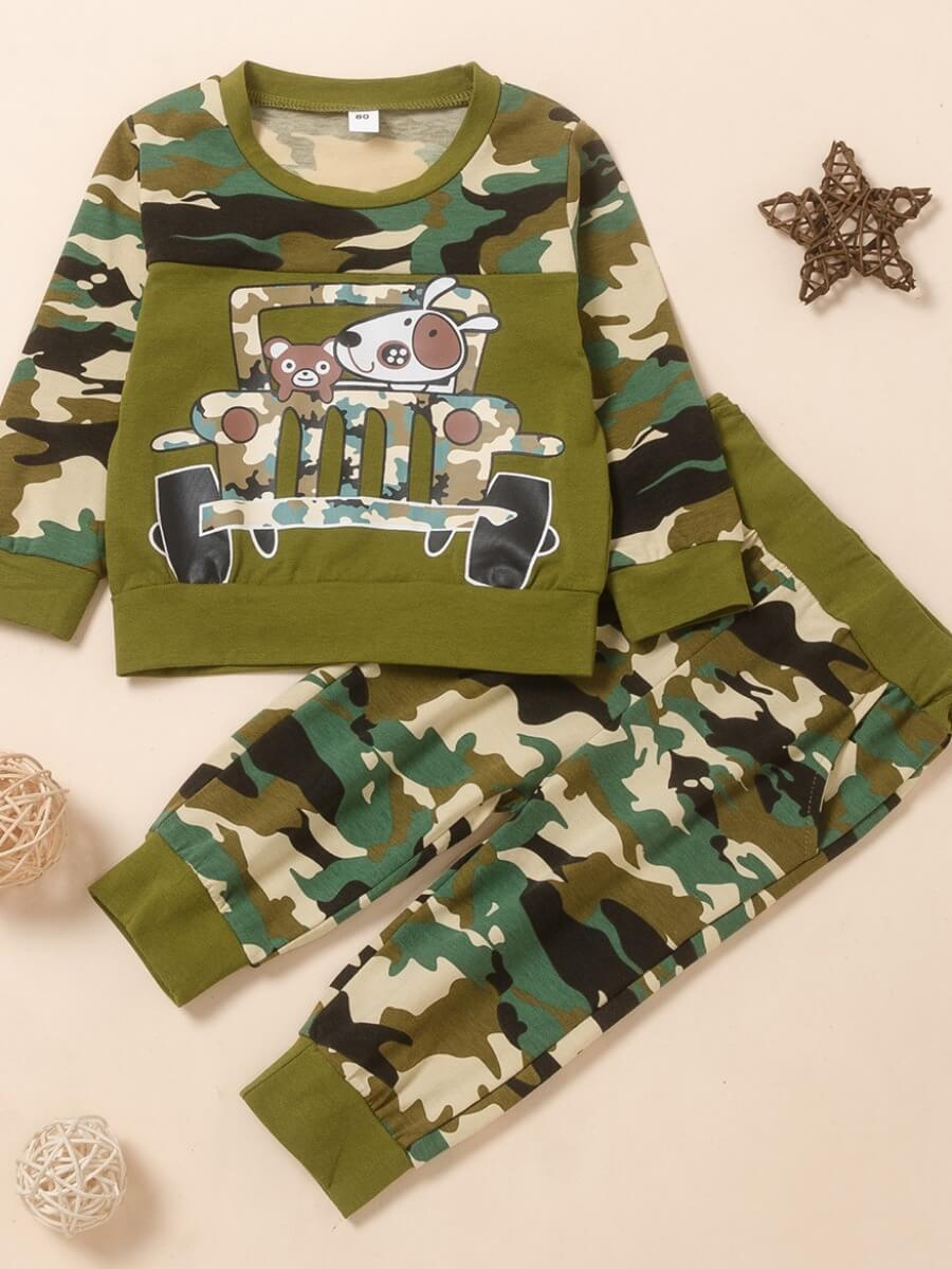 

Lovely Sportswear O Neck Cartoon Print Green Boy Two-piece Pants Set