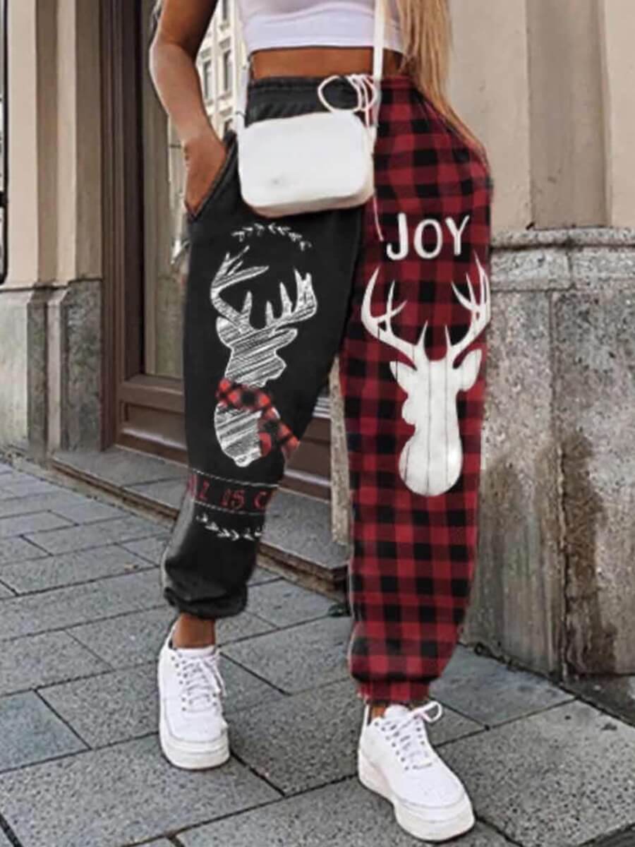 

Lovely Sportswear Print Patchwork Red And Black Pants, Red and black check