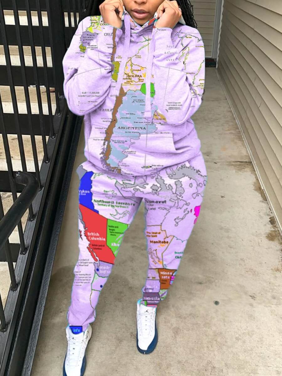 

Lovely Casual Hooded Collar Map Print Purple Plus Size Two-piece Pants Set