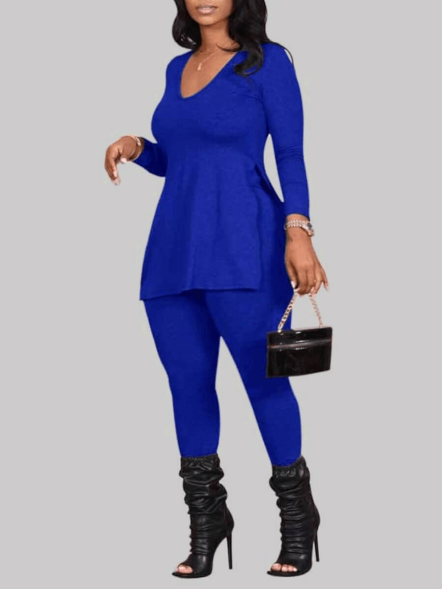 

Lovely Casual V Neck Long Sleeve Blue Plus Size Two-piece Pants Set