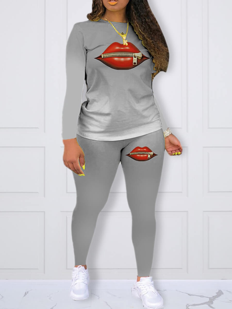 

Lovely Sportswear O Neck Lip Print Grey Plus Size Two-piece Pants Set