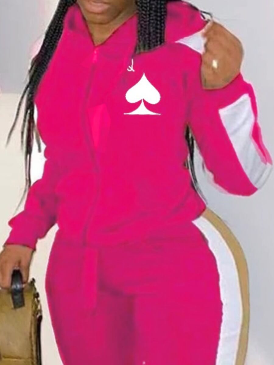 

Lovely Sportswear Hooded Collar Patchwork Rose Red Plus Size Coat