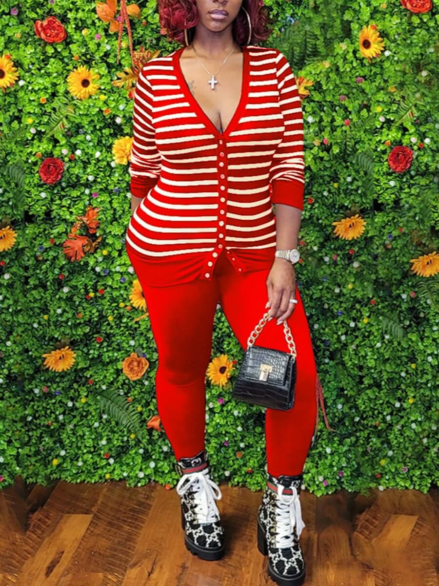 

Lovely Casual V Neck Striped Red Two Piece Pants Set