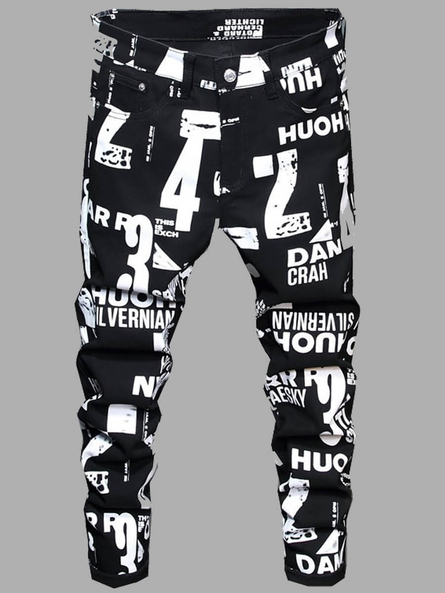 

Lovely Men Street Letter Print Black Jeans