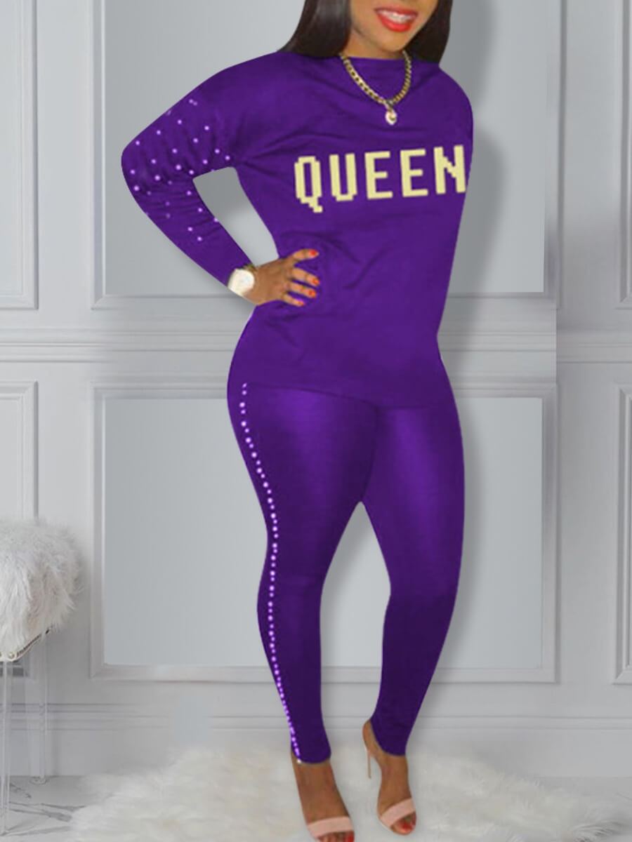 

Lovely Sportswear O Neck Letter Print Purple Two Piece Pants Set