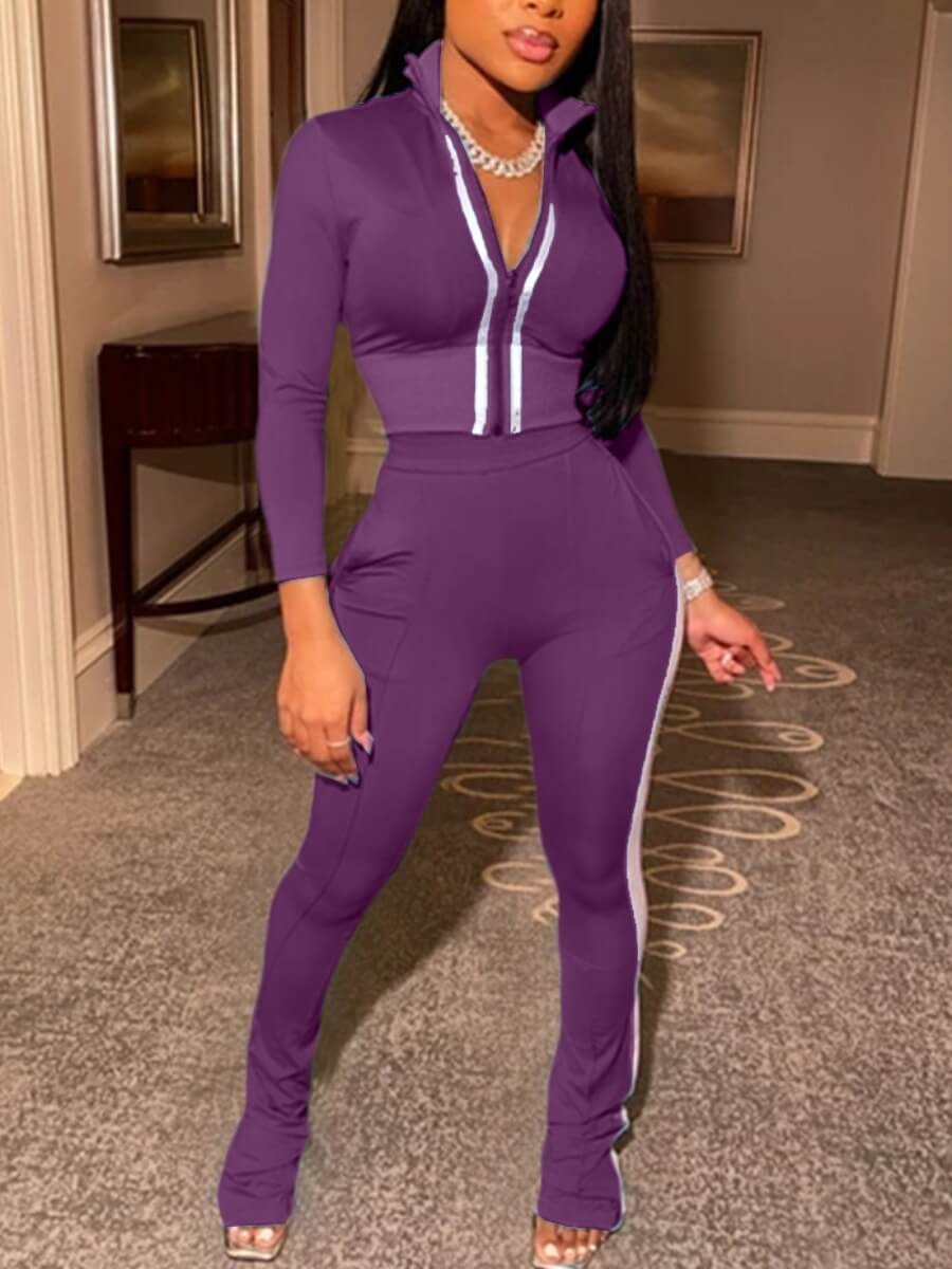 

Lovely Sportswear Zipper Design Purple Two Piece Pants Set