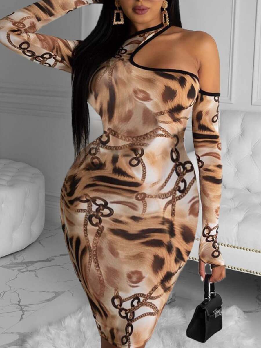 

Lovely Sexy O Neck Print Hollow-out Brown Knee Length Dress