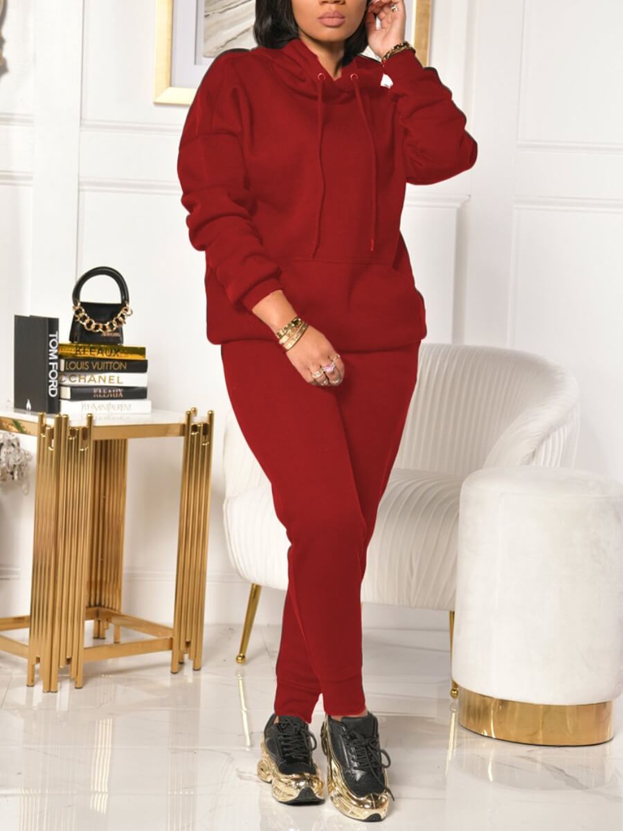 

Lovely Casual Hooded Collar Long Sleeve Wine Red Two Piece Pants Set