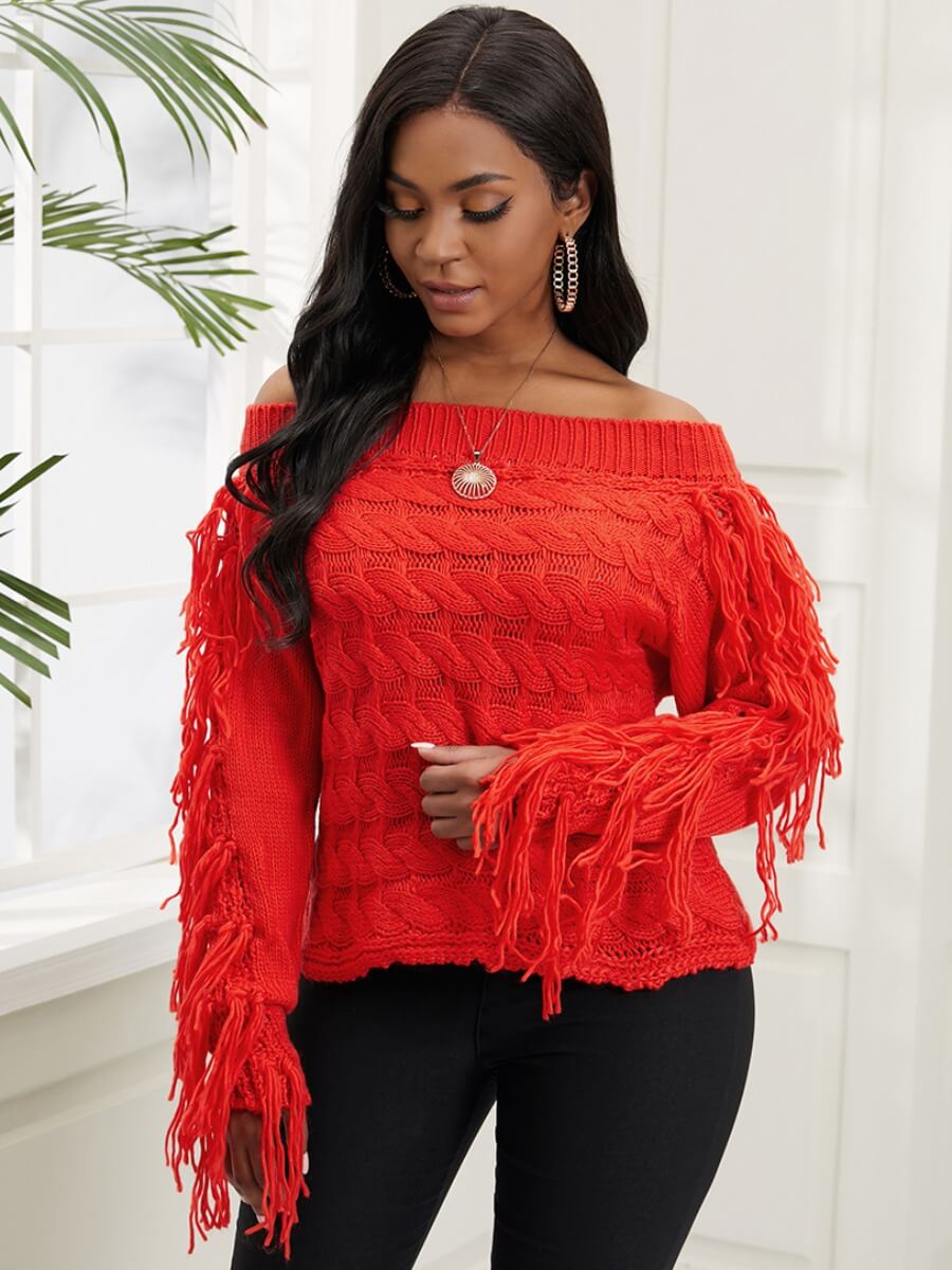 

Lovely Trendy Off The Shoulder Tassel Design Red Sweater