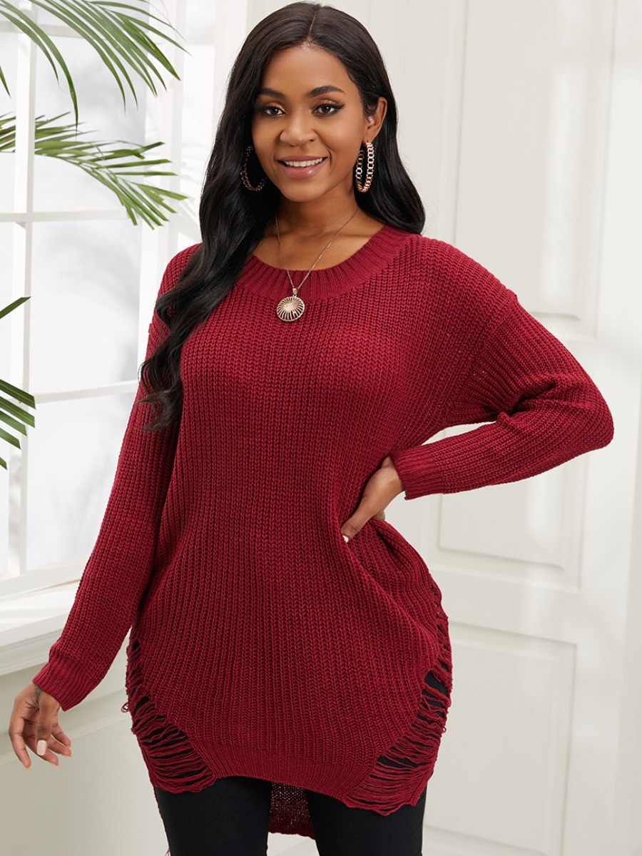 

Lovely Street O Neck Broken Holes Rose Sweater