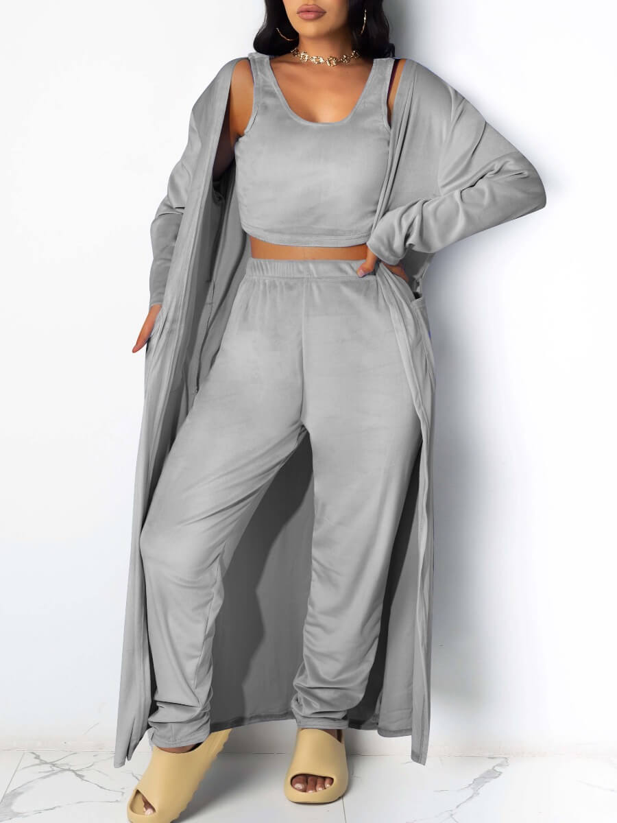

Lovely Leisure U Neck Crop Top Grey Three Piece Pants Set