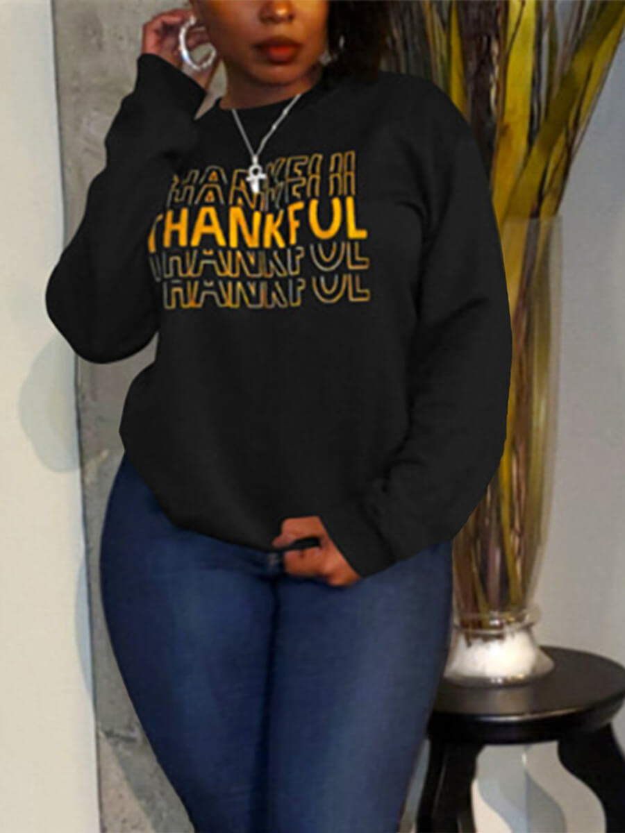

Lovely Casual O Neck Letter Print Black Plus Size Hoodie