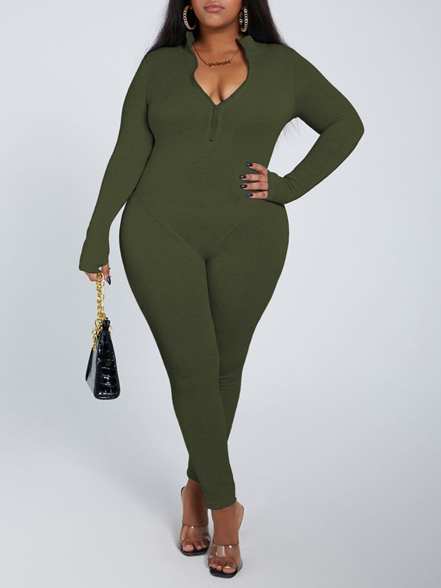 

Lovely Casual Conventional Collar Long Sleeve Army Green Plus Size One-piece Jumpsuit
