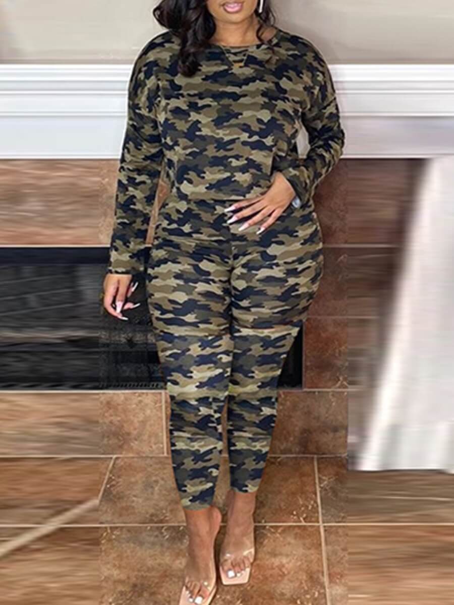 

Lovely Casual O Neck Camo Print Two Piece Pants Set