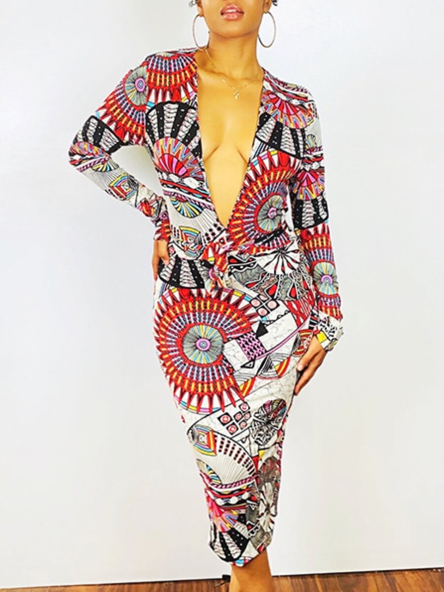 

Lovely Ethnic Deep V Neck Print Multicolor Mid Calf Dress, Multi