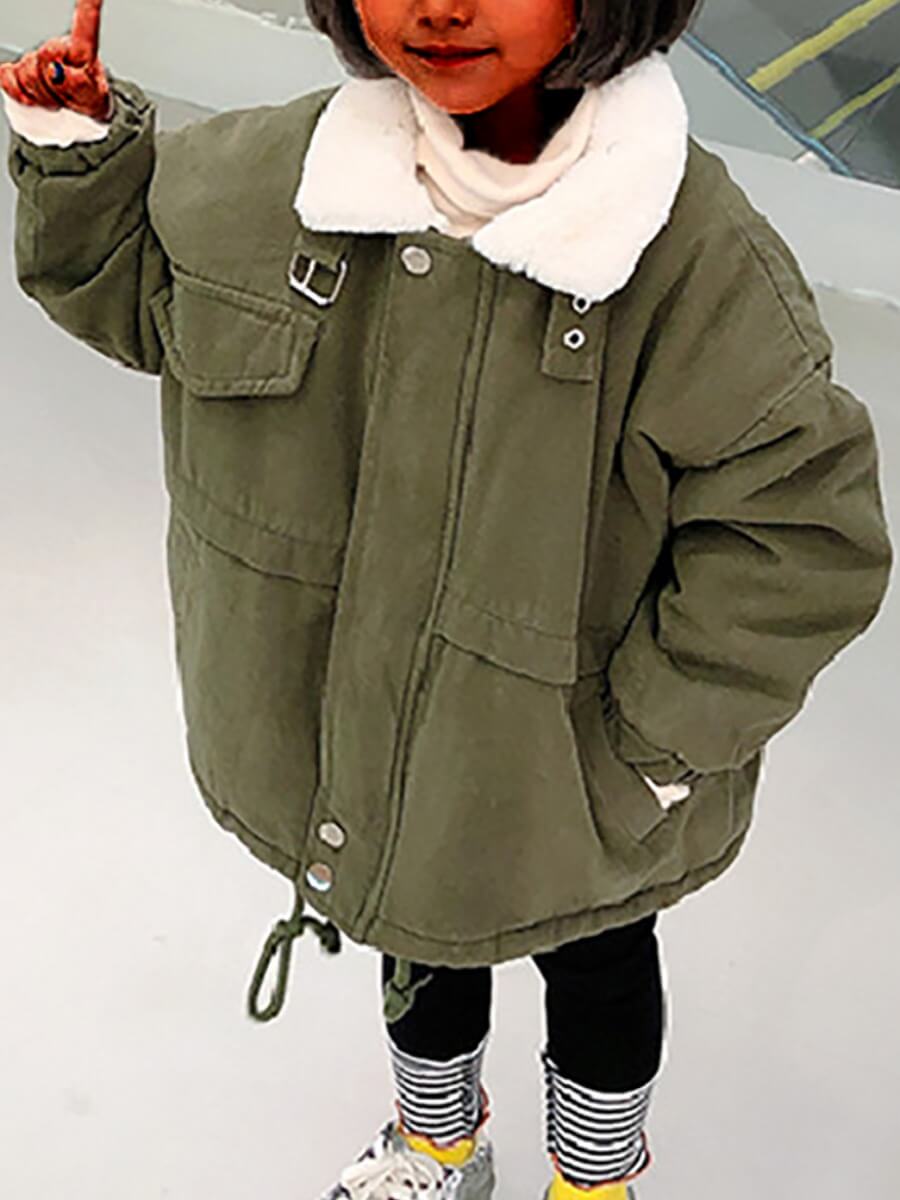 

Lovely Trendy Turndown Collar Drawstring Army Green Girl Coat