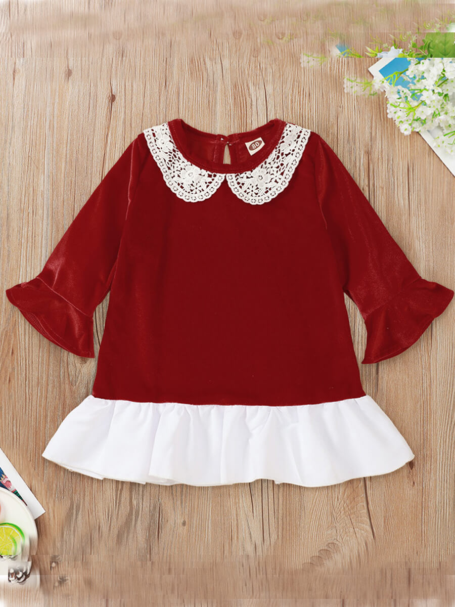 

Lovely Casual O Neck Patchwork Dull Red Knee Length Girl Dress