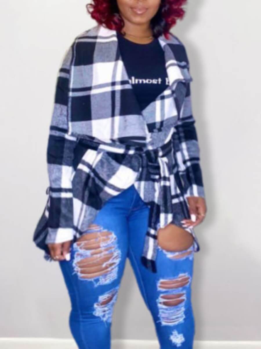 

Lovely Casual Turndown Collar Grid Print Deep Blue Plus Size Coat