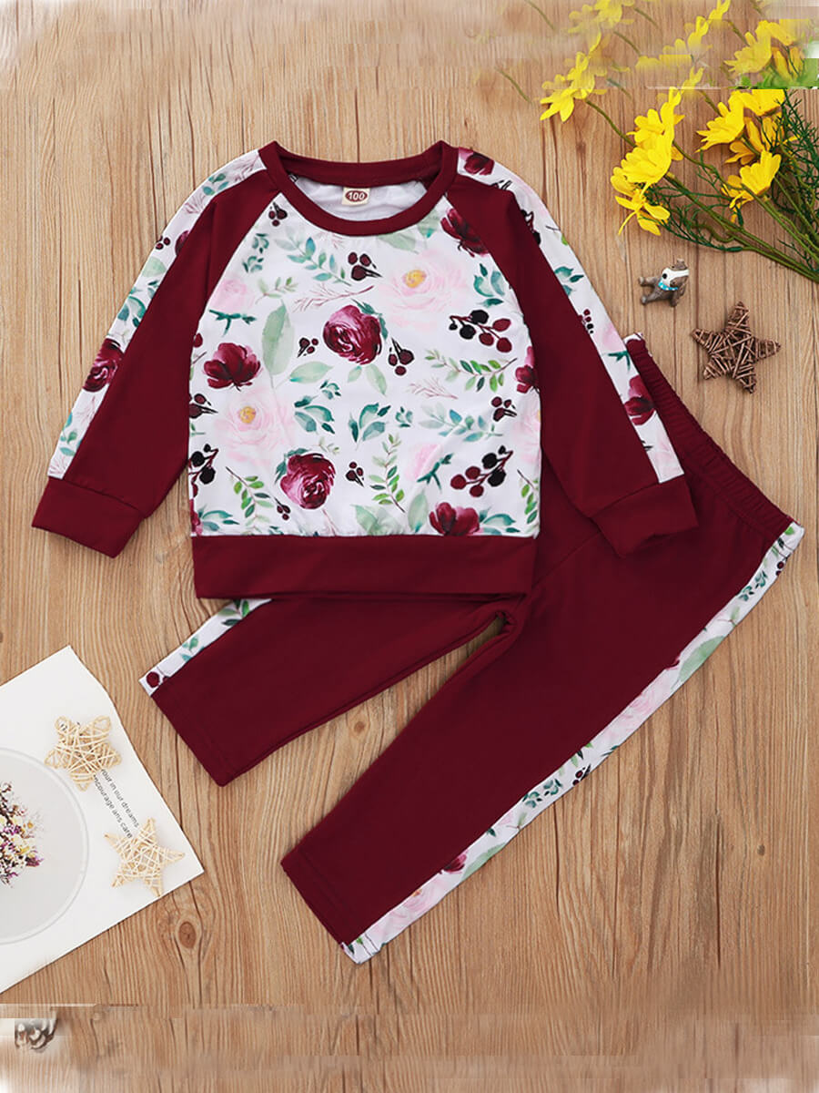 

Lovely Trendy O Neck Plants Print Wine Red Girl Two-piece Pants Set