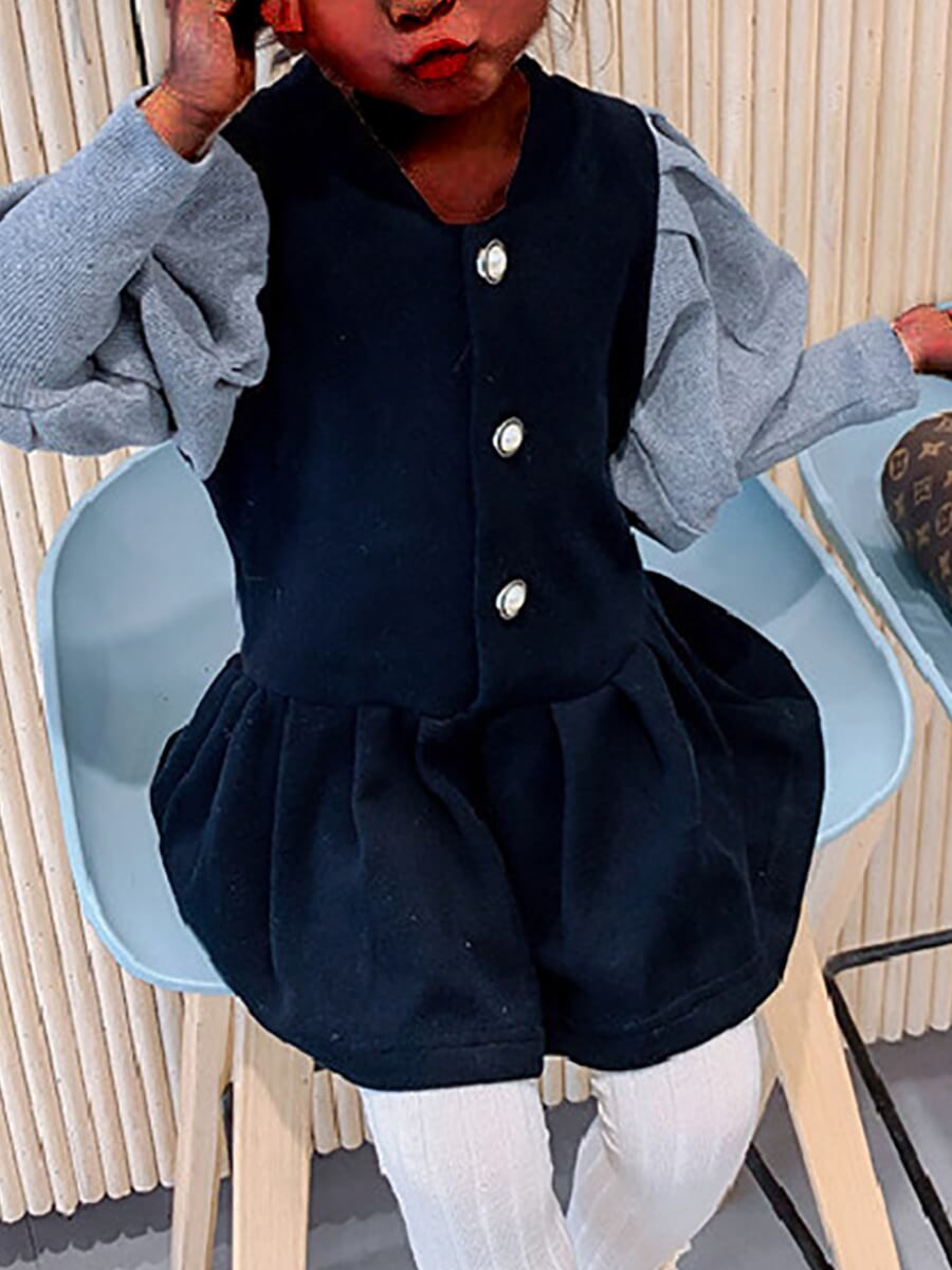 

Lovely Casual O Neck Patchwork Buttons Design Black Girl Knee Length Dress