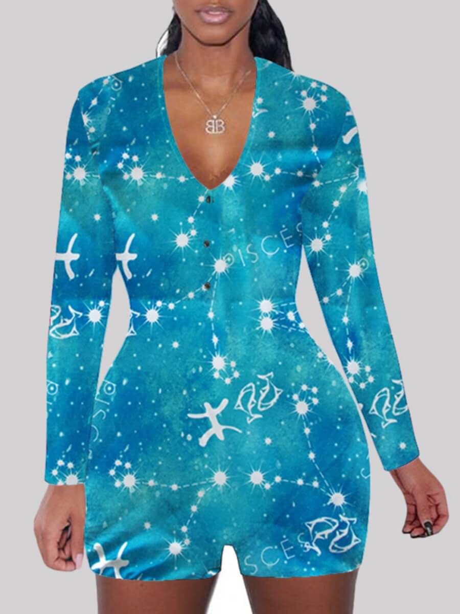 

Lovely V Neck Skinny Print Blue Sleepwear, Acid blue